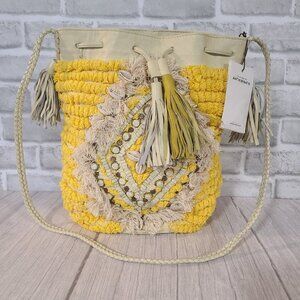 Antik Batik Jesa Yellow Shell Bucket Bag Leather Cotton Boho Beachy NEW *